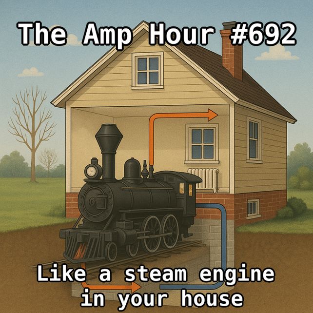 An AI generated image of a train inside a house, generating the heating and cooling for the house (with the normal orange and blue arrows representing airflow)