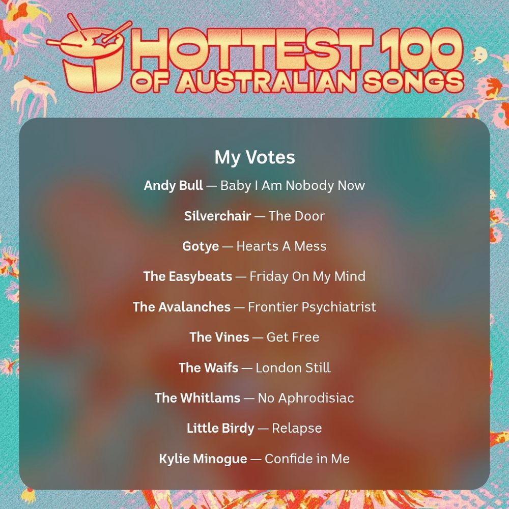 A list of 10 songs voted for in the hottest 100 Australian songs poll.