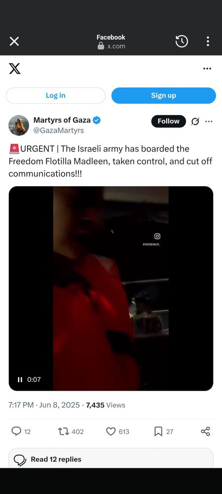 Twitter post from 7:17pm (Central time) June 8, 2025. Marytrs of Gaza states "Urgent| the Israeli army has boarded the Freedom Flotilla Madleen, taken control, and cut off communication!!!" It's a screenshot but the short video clip shows what appears to be phones thrown into the sea
