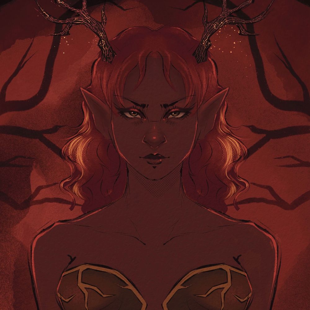 a red toned painting where a woman with antlers stares at the viewer. her gaze is fierce. her skin is dark and her hair is a fiery red, with yellow and orange highlights. she has red and orange make up on and her top is green framed in gold. she has antlers reminiscent of tree bark, lit on fire. black trees are in the background, mirrored to center her. 