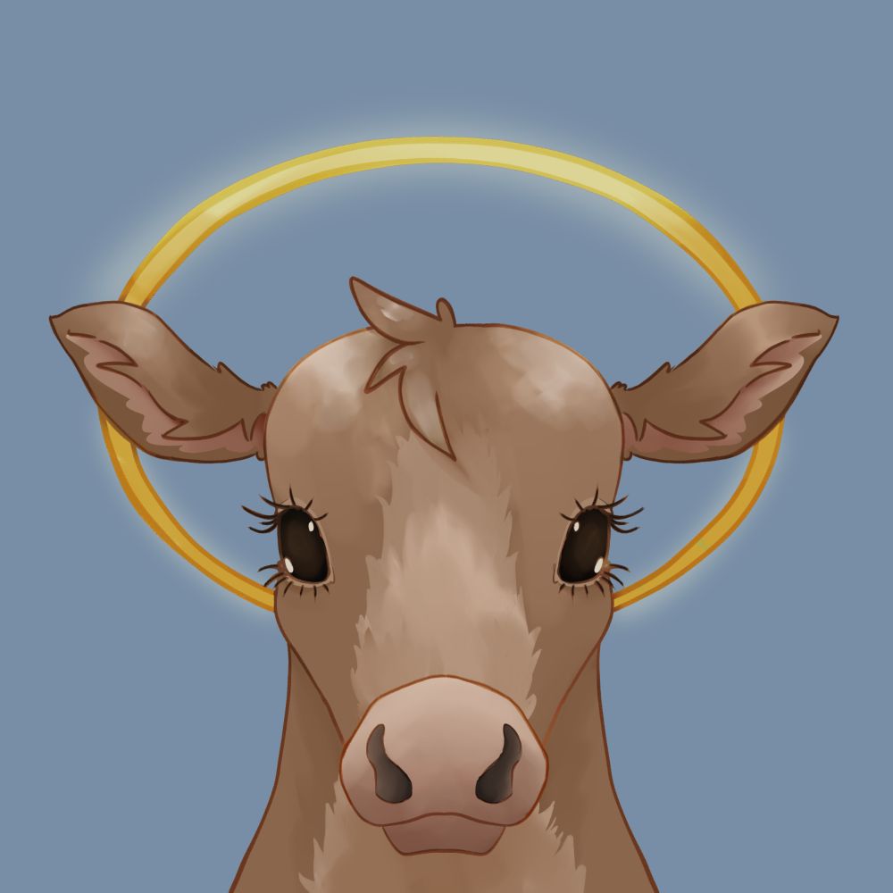 A digital art painting. A headshot of a brown cow with a halo on a blue background. 