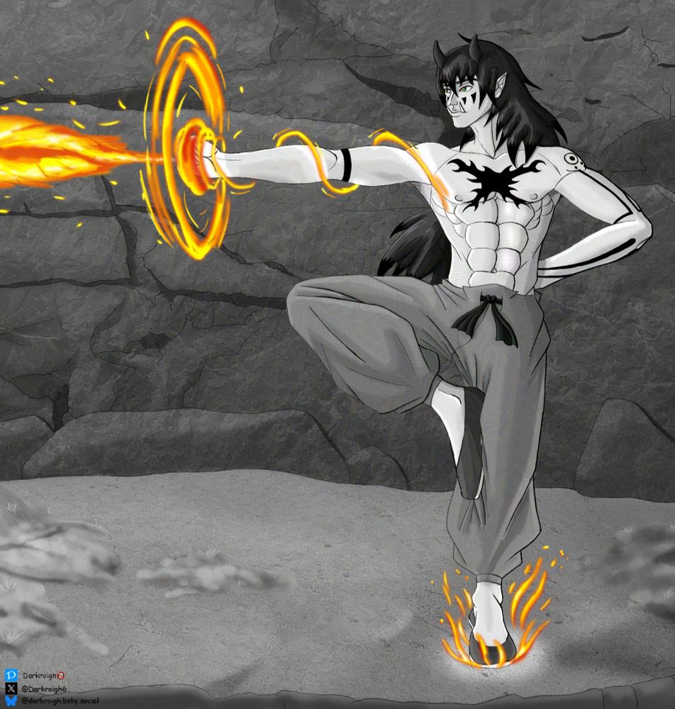 A shirtless, athletic man with horns and long dark-red hair, punches in the air, his fist creating and shooting fire around it. He wears grey martial art-style trousers and black shoes. One of his legs is raised with foot resting on the other leg, while around his foot he stands dance small flames. He stands on a rock with moss on it and has a rocky wall behind him