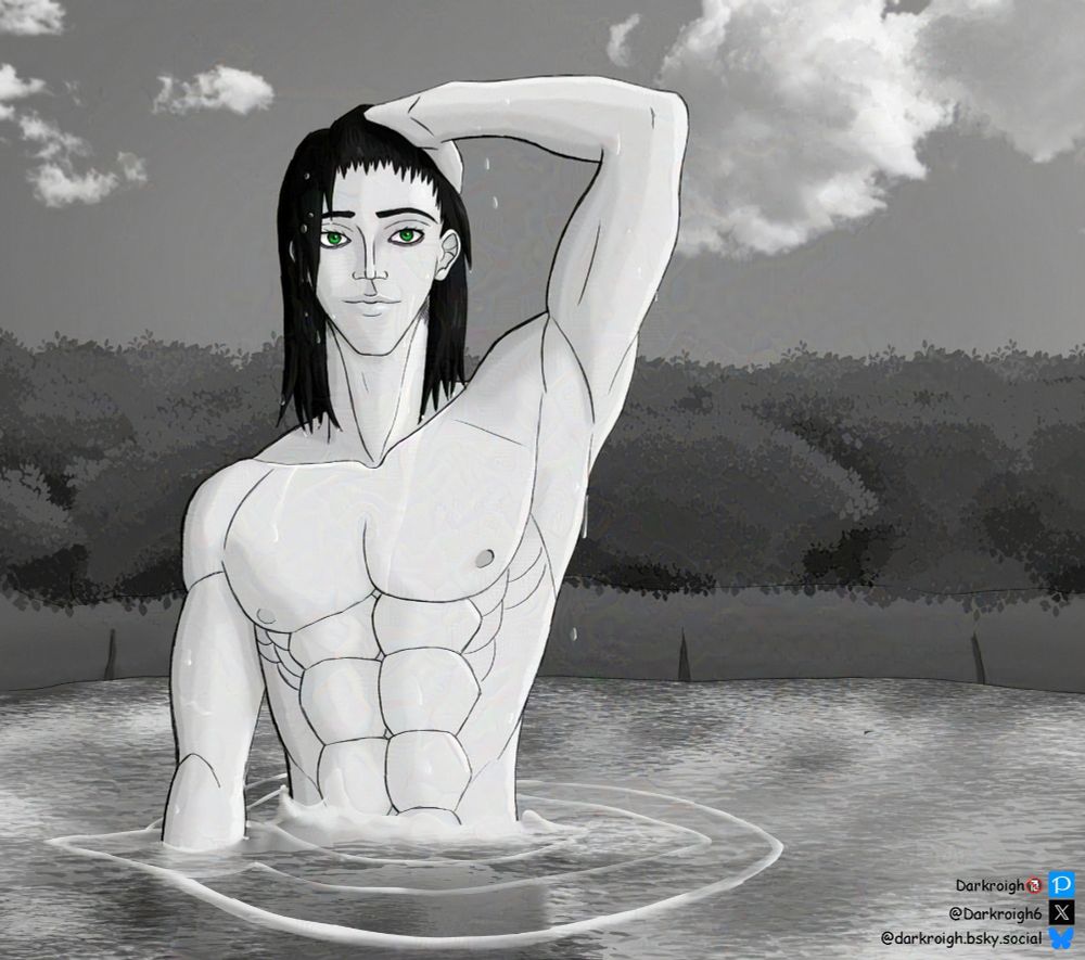 A black haired man, bathing in a lake, he uses his left hand to put his hair back. He's dripping with water, behind him are some bushes