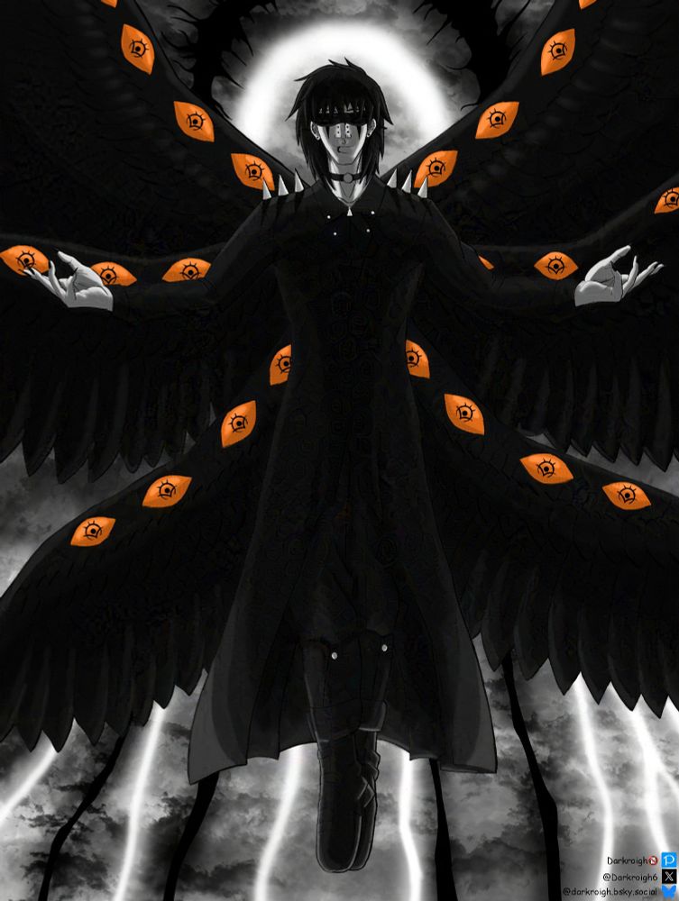 A 6-winged dark angel. His eyes are covered and his face is adorned with many piercings. His nails are black. He wears a choker on his neck and long black coat with spikes on the shoulders. On each oh his black wings there are 4 orange eyes. Behind him are dark clouds. His head is surrounder by 2 halos-1 white, 1 black