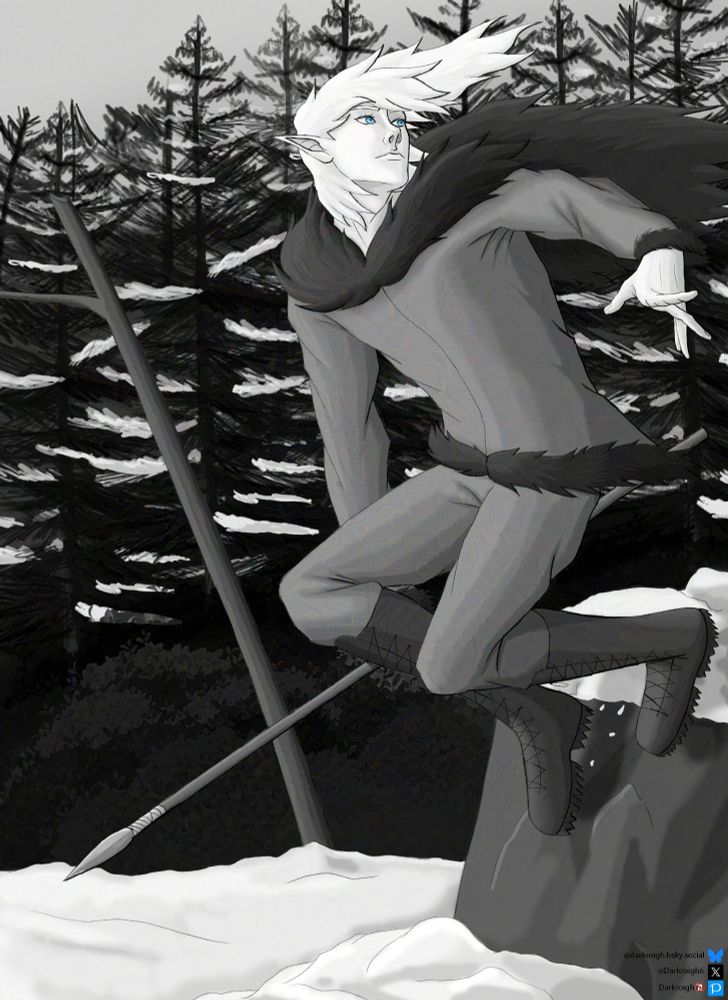 A white haired male elf with blue eyes and warm clothes, in a snowy forest, holding a spear in one hand as he jumps down a small drop