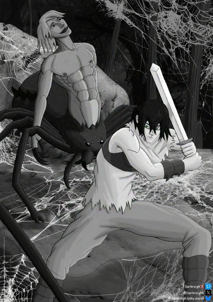 An anime male soldier with torn up clothes, black hair, eyebags and green eyes, holds up a sword with both hands as he is approached from two sides by arachne. Everything around him is covered in a spiderweb as one of the spiders is walking towards him on rocks