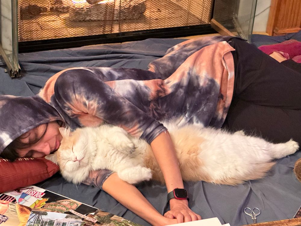 An orange and white fluffy cat being spooned by a woman in a tie-dye sweatshirt in front of the fireplace. The cat is smiling.