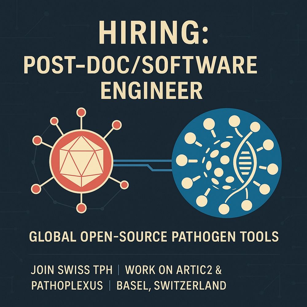 An image showing the ARTIC and Pathoplexus logos connected by blue lines, with the text "Hiring: post-doc/software engineer" and "Global open-source pathogen tools" and "Join Swiss TPH, Work on ARTIC2 and Pathoplexus, Basel, Switzerland"