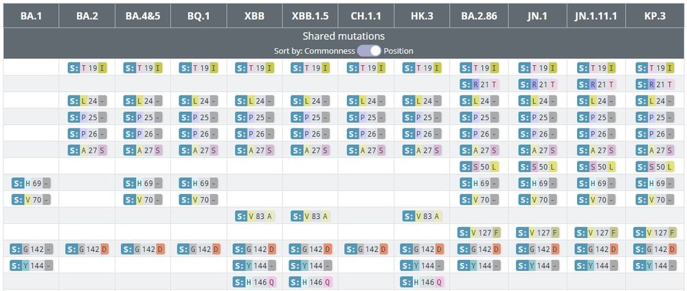 A screenshot of the shared mutations view on CoVariants, showing columns labelled with the Pango lineage names of variants