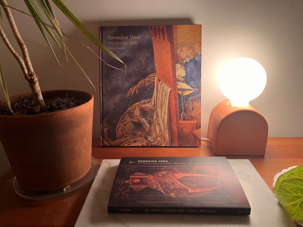 Two books by Remedios Varo sitting on top of a dresser.