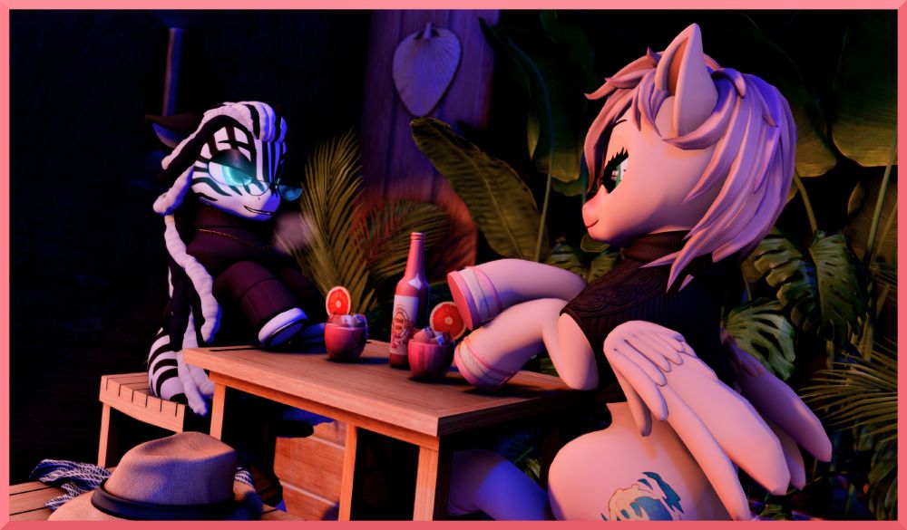 A femcolt pegasus named Scutters and a zebra stallion named Kahonga are both drinking gin and juice and having an animated conversation at a table. Torchlight burns off screen casting an orange glow over them.