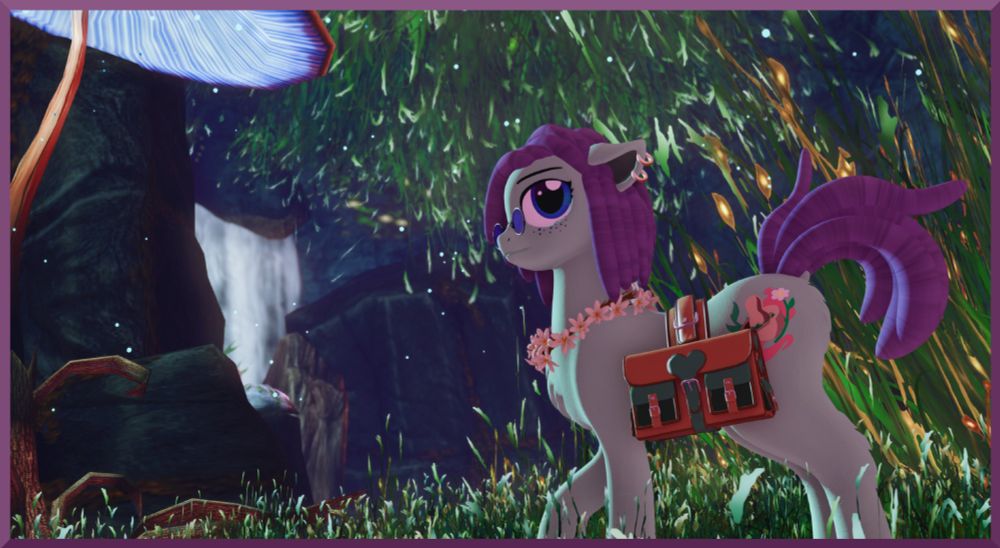 Fern Grove enters a spore filled cave. There is an abundance of grass, a small waterfall, and a large mushroom as well as glowing blue spores in the air. He is looking around curiously. 