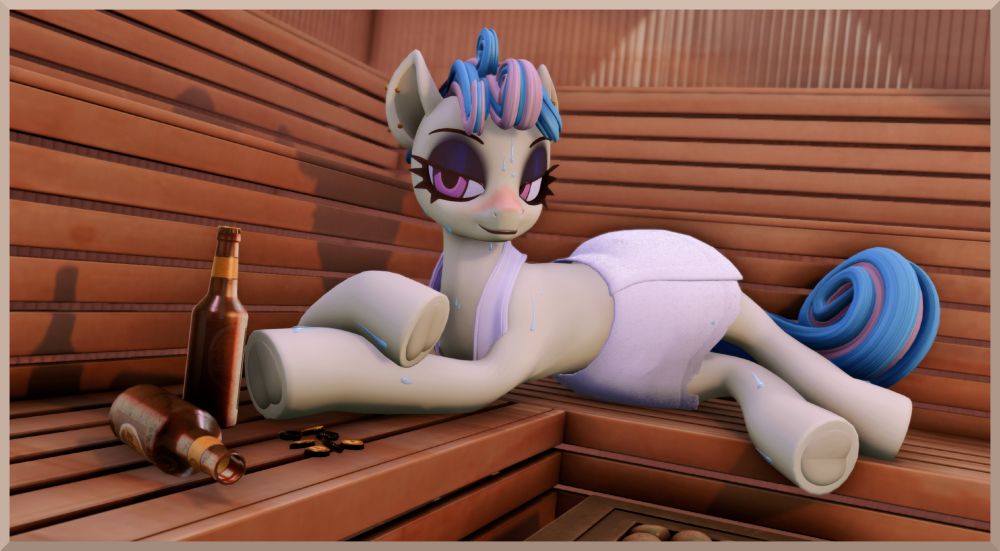 Bittersweet is sitting in the sauna, draped in two towels and sweating while looking at the viewer, an open beer and an empty beer in front of him as well as several bottlecaps.