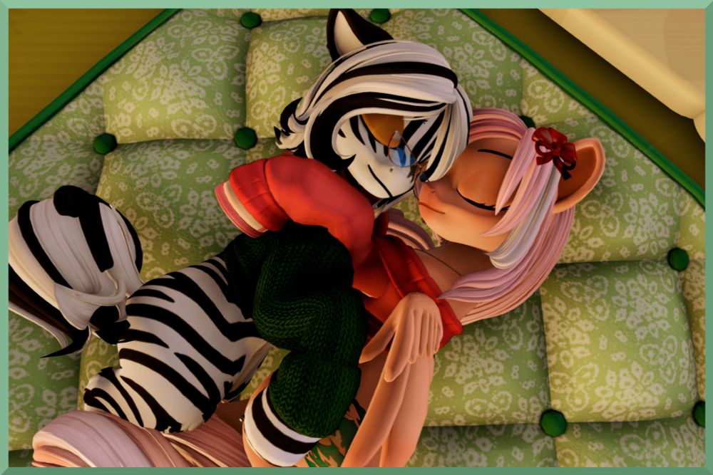 Kahonga and Scutters are snuggling together on lime colored cushion