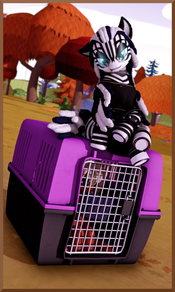 A mare on her art tablet in a pet crate, with Kahonga sitting on top