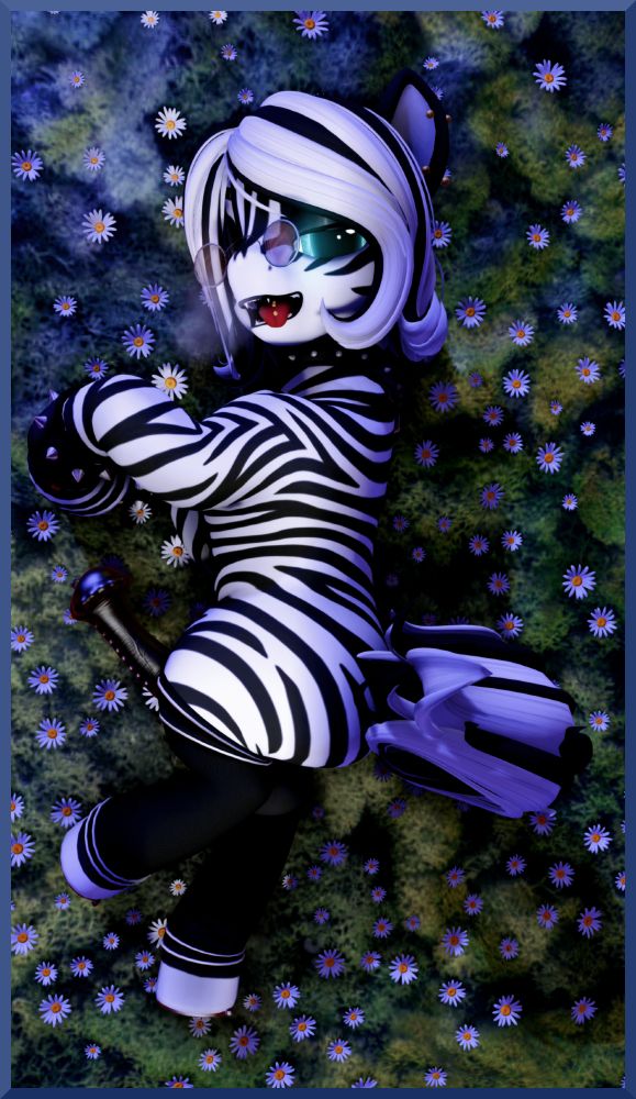 Kahonga is laying on a bed of flowers, looking back at the viewer while he is stretched out with his cock erect and his tongue hanging out.
