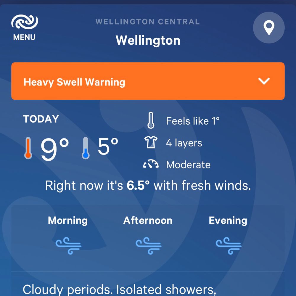 Screenshot of MetService for Wellington showing it’s 6.5 degrees and feels like 1