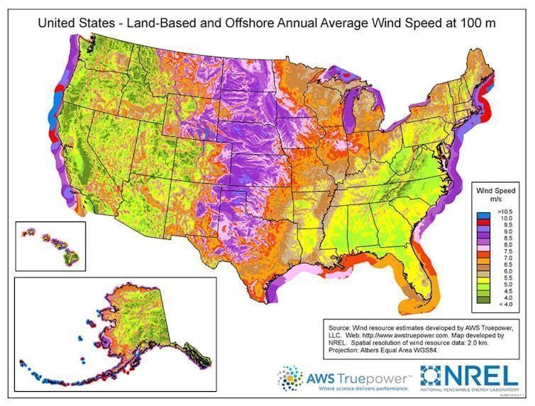 States throughout the Great Plains and Midwest, from Texas to Montana to Ohio, have the strongest onshore winds and onshore wind power potential. These are also in the heart of U.S. farm country. The map shows wind speeds at 100 meters (nearly 330 feet), about the height of a typical land-based wind turbine. NREL