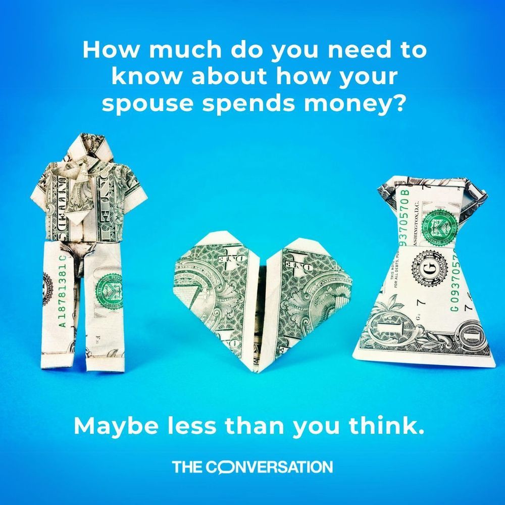 An origami bride and groom made out of cash. Text reads: "How much do you need to know about how your spouse spends money? Maybe less than you think."
