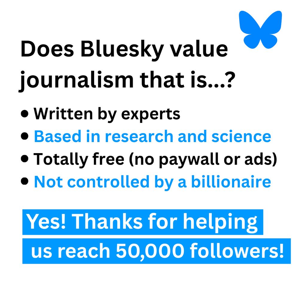 Does Bluesky value journalism that is: 
* Written by experts
* based in research and science
* Totally free (no paywall or ads)
* Not controlled by a billionaire?
Yes! Thanks for helping us reach 50,000 followers!