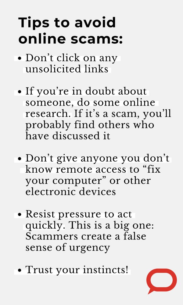 Tips to avoid online scams, including "Don't click on any unsolicited links." 