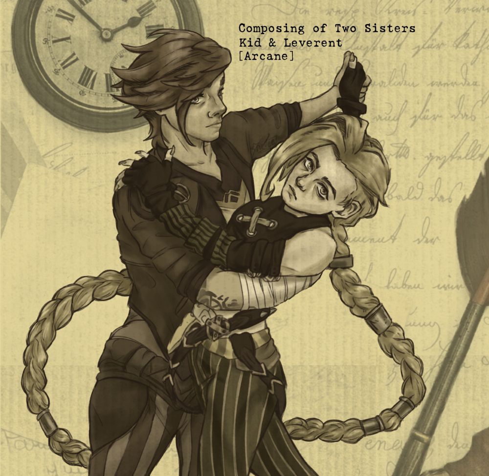 Vi and Jinx fanart from the animated netflix show “Arcane” drawn in a pose and composition based on the album cover “Kid & Leverent” by Yaelokre. It is an off-white green monotone color palette and depicts the two sisters, dancing in a ballroom dance like pose. 