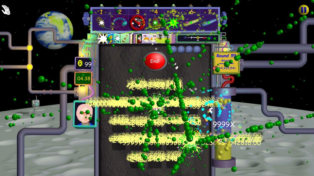 Screenshot of Nubby's Number Factory, an infinite combo has scored so fast the score is just displaying as "Googol"