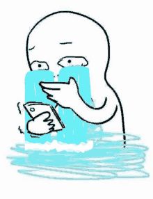 A meme of a cartoon figure holding a phone. They are happy crying with a hand over their mouth, standing in a huge flood of tears