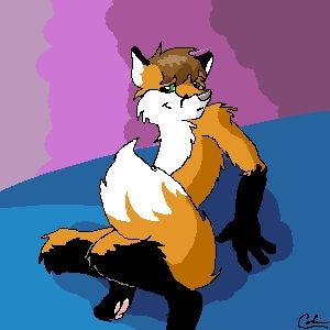 A possibly nude red Fox black boots and gloves white chest and tail tip green eyes, slowly turning over, tail keeping him covered up.  Smiling at you with bedroom eyes as he slowly turns towards you