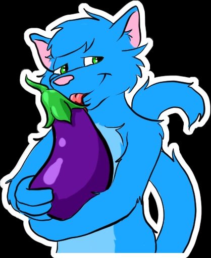 A sticker of Guppy, a blue feline, from the waist up hugging a fairly large, purple eggplant and giving the tip a lick while looking at you with green, bedroom eyes, his blue kitty tail flicked to the side behind him.