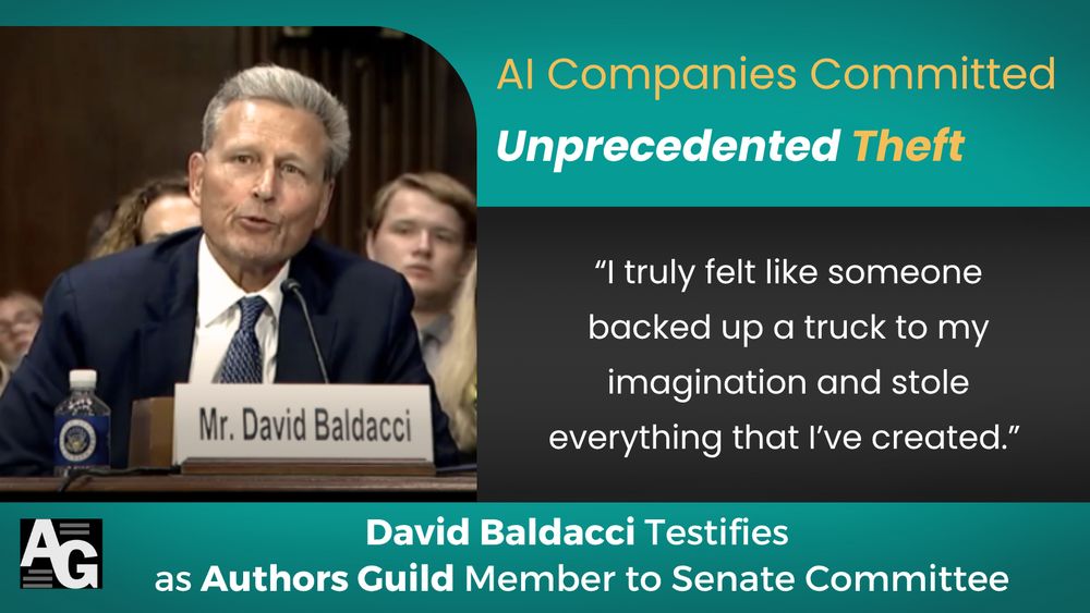David Baldacci testifies before Senate committee as an Authors Guild member, and discusses concerns about AI companies about the theft of creative work.