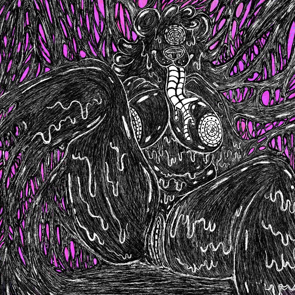 CW: NSFW kink | furry | goo | hypnosis | transformation. A black and white drawing of my NSFW oc Bear Boinker, aka B.B. for short, alluring you in it's gooey embrace by cupping it's swirly breast and having it's tongue out for you in order to make sure you lose all your thoughts and worries. There is goo everywhere with a subtle purple background.