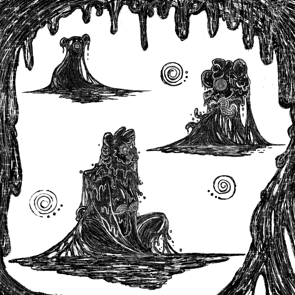 cw: nsfw kink, furry, goo, transformation. A black and white drawing of my NSFW oc Bear Boinker, aka B.B. for short. It's showing three stages of a gooey transformation, the first is that of a little goo creature with a hypnotic swirl for it's face, with little bear-shaped ears. In reference of It's founders species Thomas, with admiration. The second stage is mid-transformation goo of a bear-like head with its swirls, and also with It's tongue sticking out. The third and final stage is a B.B. in a gooey form that is very desirable for It's founder Thomas, with It's swirly face, sitting down while crisscrossed, as goo spreads everywhere around it. The outer rim of the art piece is also covered in goo.