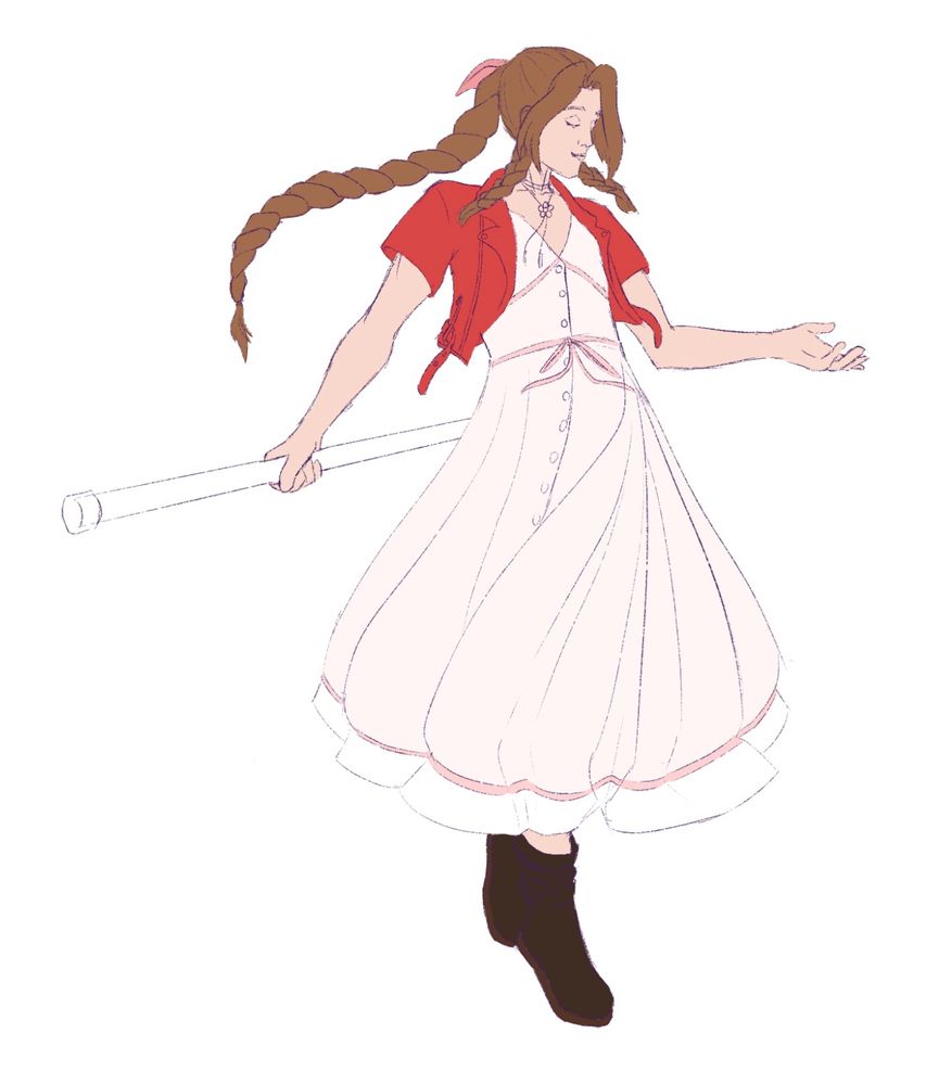 Colored sketch of Aerith from Final Fantasy 7. She’s floating upright with her skirt flowing around her. Her right hand is holding her staff and her left hand is outstretched, palm facing upwards. 
