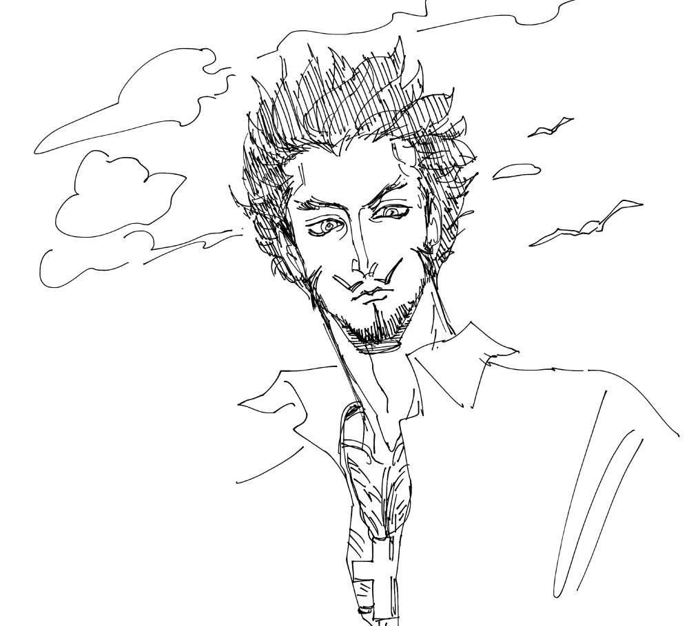 Textured digital sketch of Mihawk from One Piece glaring down. Clouds and sea birds are visible behind him and it seems like wind is in his hair.