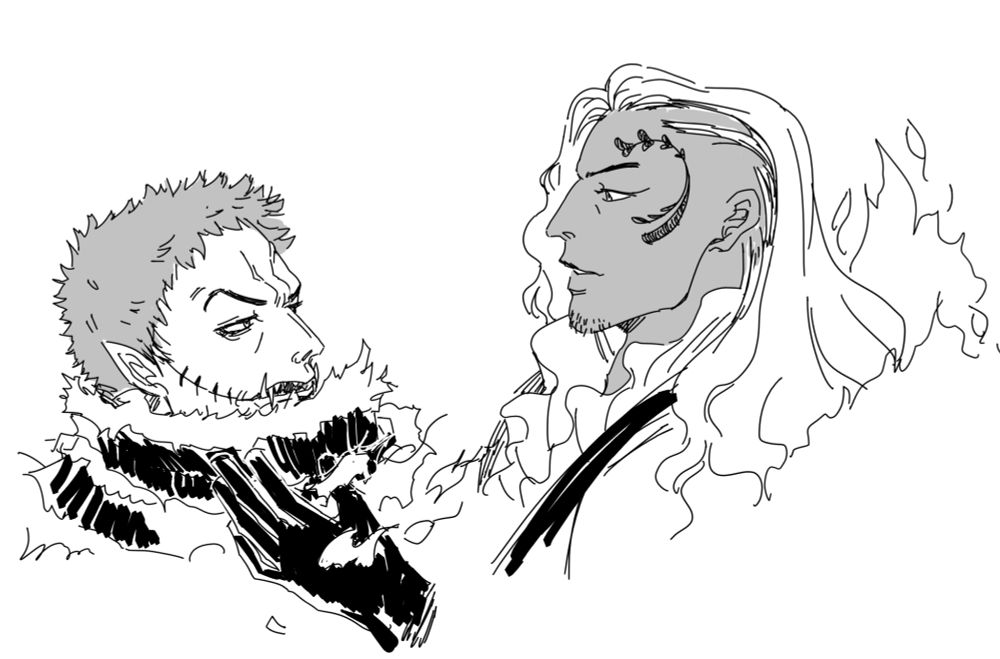 Fanart of King and Katakuri from One Piece exchanging heated eye contact. King is reaching for Katakuri's exposed face with small flames on his hand.