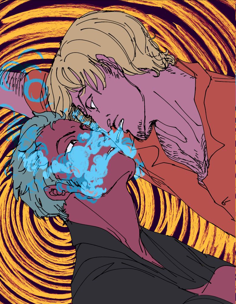 Shipping fanart of Zoro and Sanji from One Piece in their post-timeskip designs. Sanji is looming over Zoro with a hand planted implicitly against a wall or something behind him, boxing Zoro in so that he can glare down at him, their faces close. He looks quietly but strongly annoyed while Zoro seems more taken-aback, sitting with his arms crossed. Sanji has a cigarette in his mouth and is blowing the smoke across Zoro's face. The colours in the image are strongly stylised with the background a swirl of purple and yellow radiating from Zoro's skull and the plumes of smoke a contrasting blue.