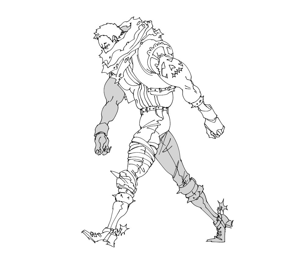 Black & white fanart of Katakuri from One Piece, a large man wearing studded leather, spikes, and spurs, with a ratty scarf covering his mouth. He is walking aggressively forward. His anatomy is exaggerated with a very broad and muscular upper body. His body bulges where clothing cuts into it, such as his belt, arm band, and the straps around his thigh.