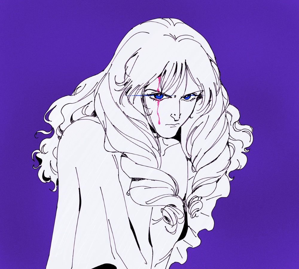 Fanart of the character Cavendish from One Piece glaring fiercely at the viewer. He is rendered as a stark off-white cutout against a bright purple backdrop. Only a trickle of blood from his forehead and his blue eyes are in colour.