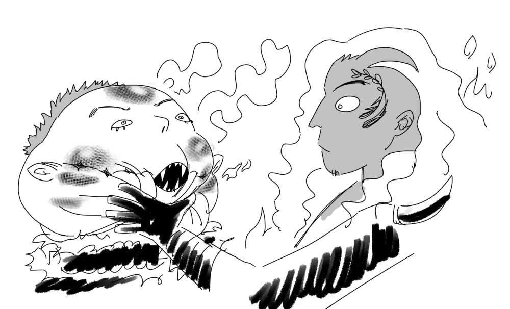 King, surprised, as grabbing Katakuri's face has caused his head to swell like a big giant grilled mochi 