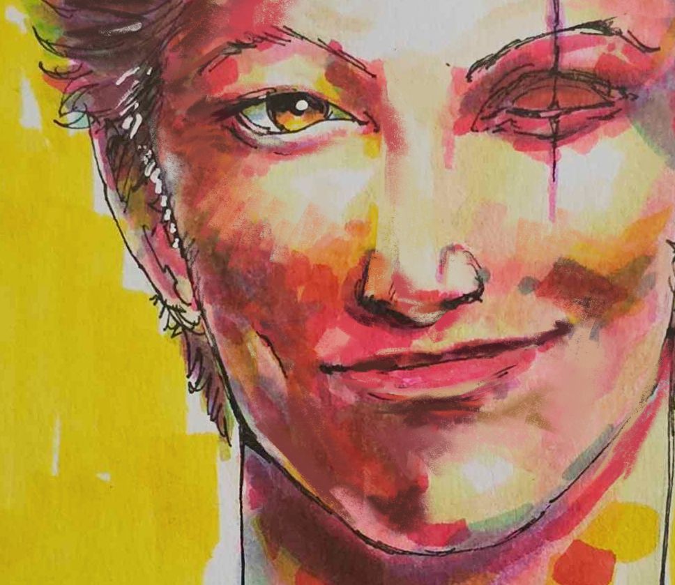 Mixed traditional and digital media fanart of Roronoa Zoro from One Piece. The image is coloured in warm yellows and pinks and is cropped on an extreme closeup of his face, portrayed in a semi-realistic style. He is smiling with a gentle, almost cheeky expression, and looking slightly aside the viewer.