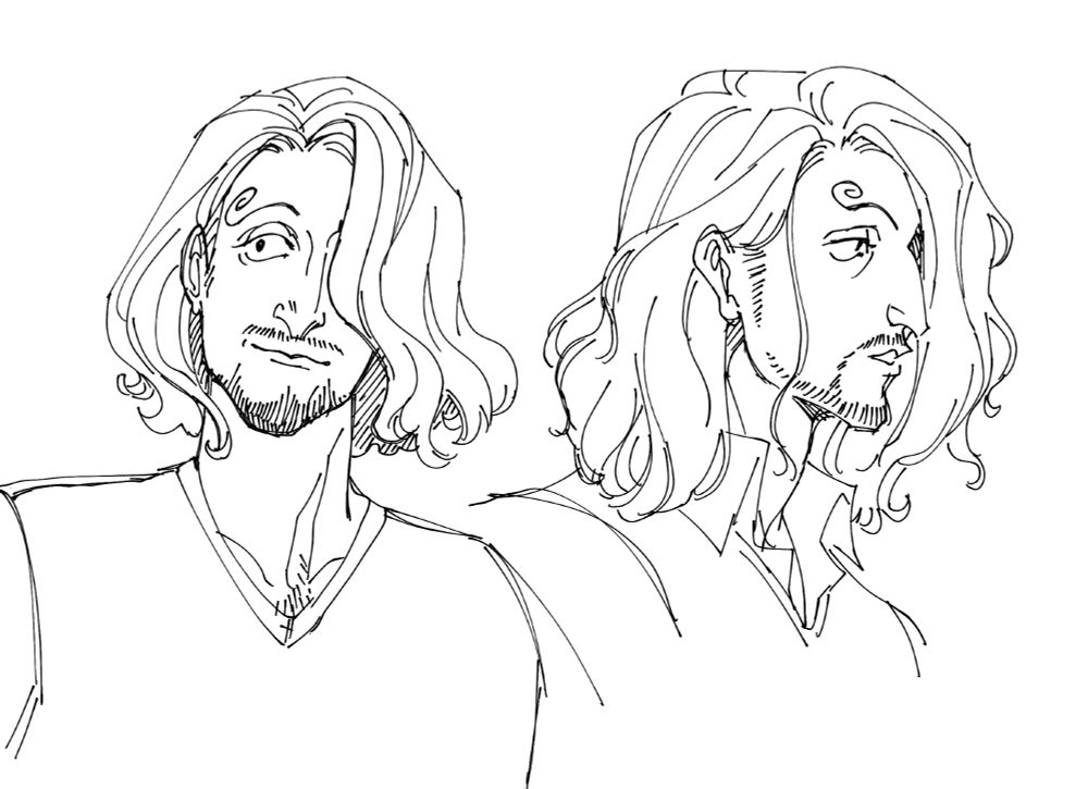 Black & white fanart of Sanji from One Piece, depicted as somewhere between his 21yo and 40yo designs. In one image his hair is grown out a little longer than his jawline and in the other it's grown out to just hit his shoulders. The waves in his hair become more prominent the longer the hair is.