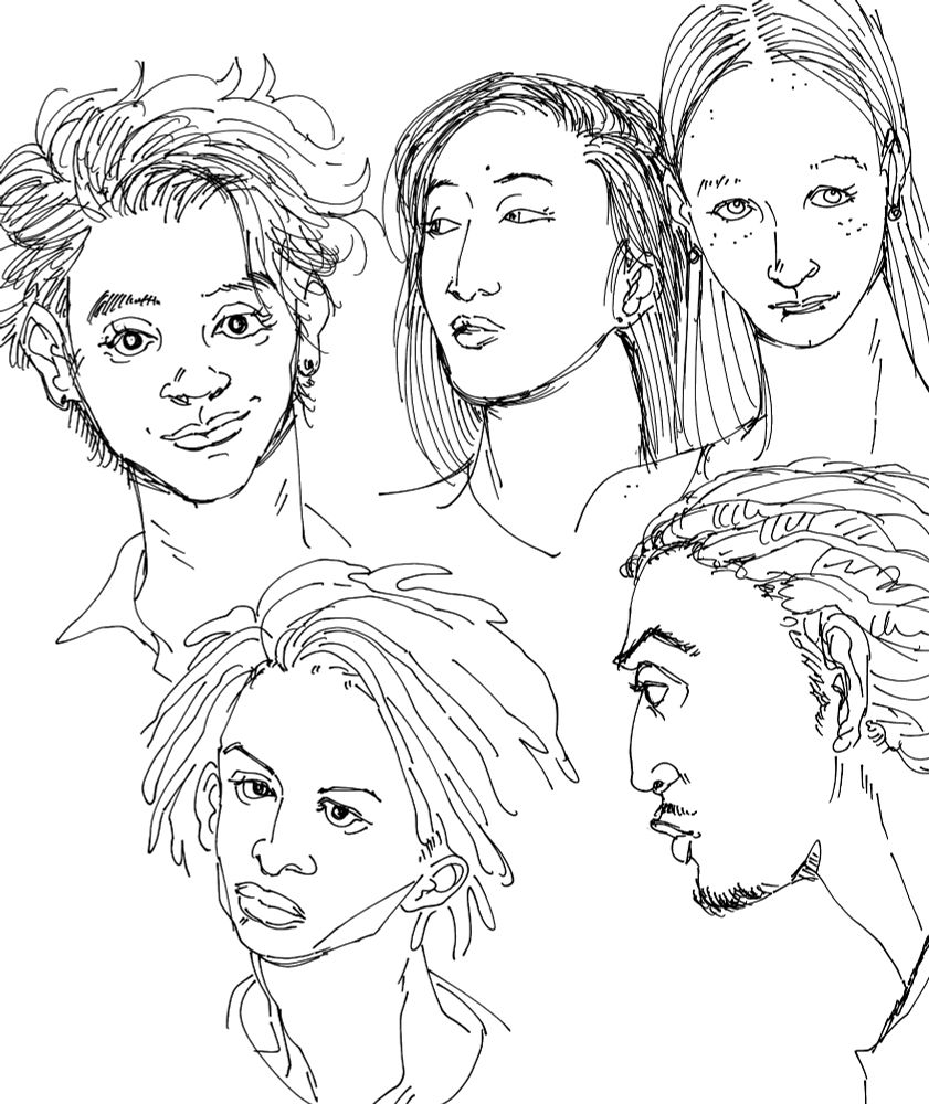 Lineart sketches of various faces in repose at different angles, including a Black teen boy, an older Black man with facial hair, a white teen girl with freckles, a Japanese woman with a mole on her brow, and a young Indonesian person with short bouncy hair.