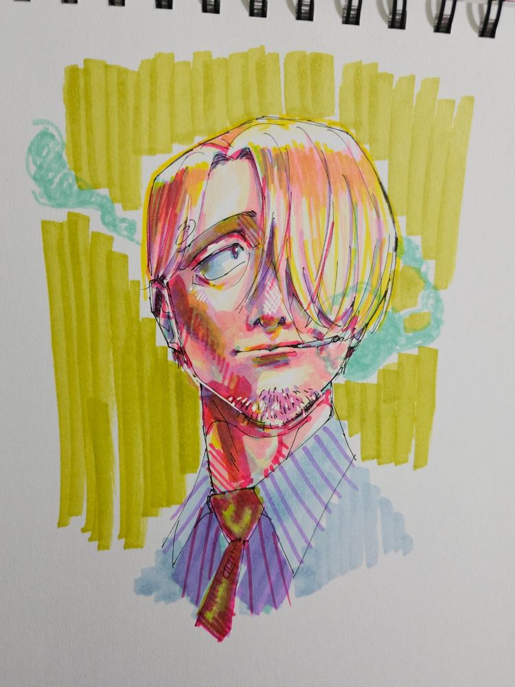 Traditional fanart of Sanji from One Piece drawn in a spiral bound sketchbook. He is smiling and looking off to the side with a cigarette in his mouth. The drawing is coloured with alcohol markers in broad, bold strokes, using a limited colour palette of peachy pinks, yellow-greens, and pale blue.