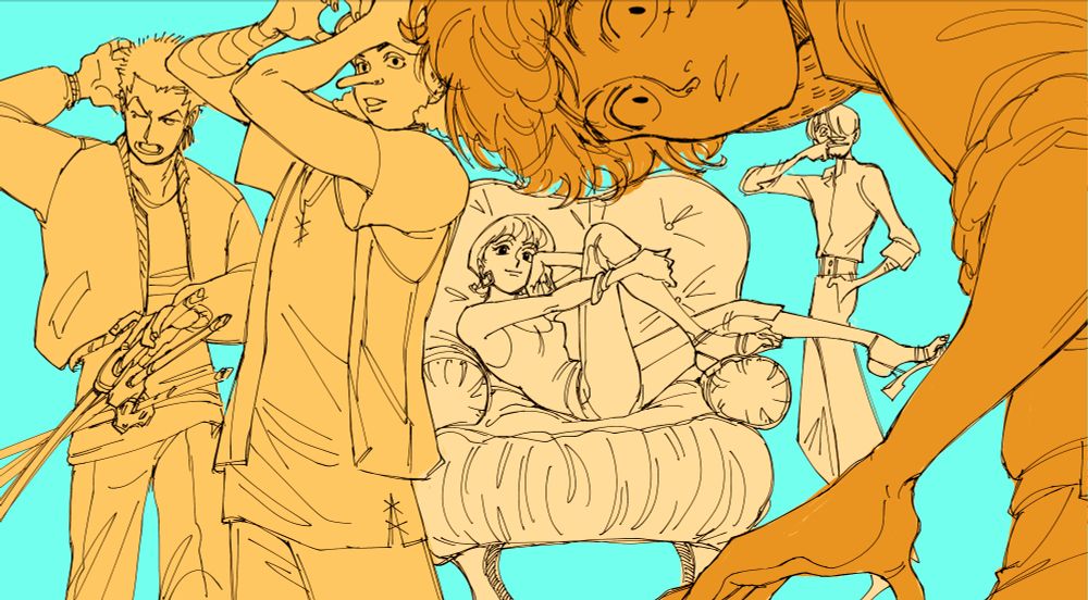 Fanart of the characters Zoro, Usopp, Nami, Luffy, and Sanji from One Piece, depicted in their pre-timeskip designs. The figures in the image are all rendered in shades of yellow and orange while the background is a stark teal flat fill. The composition places the character at different distances from the viewer to create a tight visual layout. Nami is lounging on an arm chair, Luffy is in the foreground stooping to take a closer look at the viewer behind him, Zoro is yawning and scratching his hair, Usopp is adjusting his goggles, and Sanji makes up the rear smoking a cigarette.