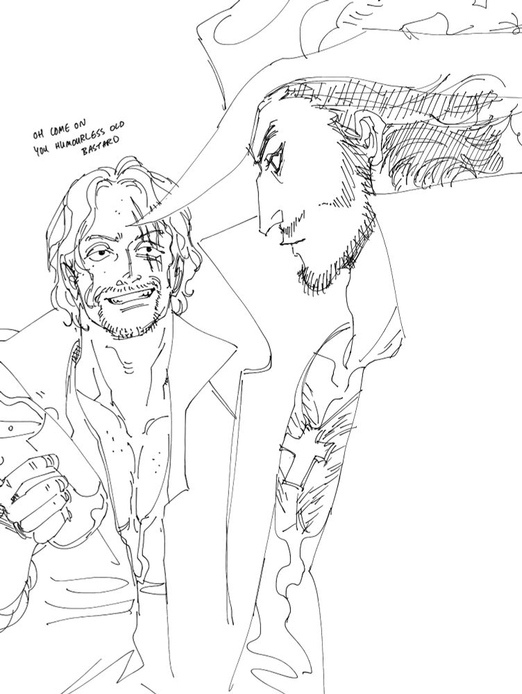 Sketchy fanart of Shanks and Mihawk from One Piece. Mihawk is in the foreground looking passively over at Shanks, who is brandishing a bottle of alcohol with a smirk saying "Oh come on you humourless old bastard."