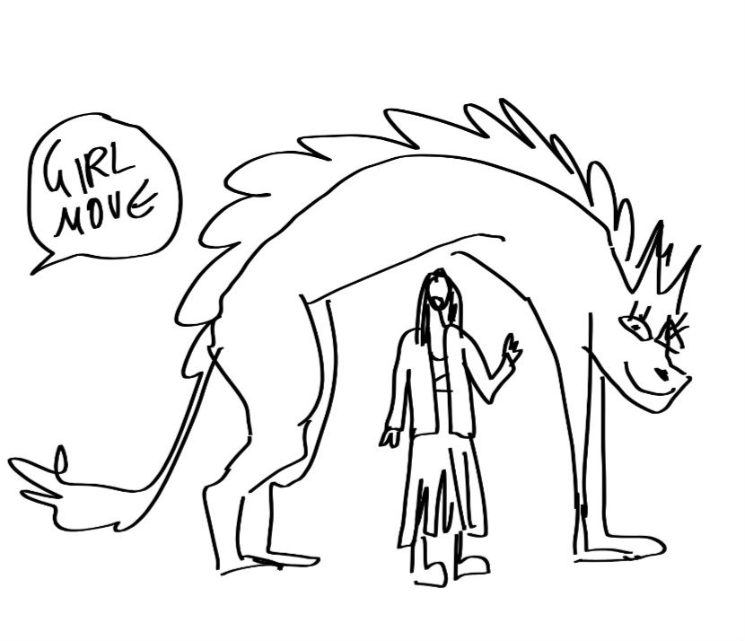Awful mobile sketch of the same NPC in the same pose standing under the werewolf like a bridge while someone hollers "GIRL MOVE"