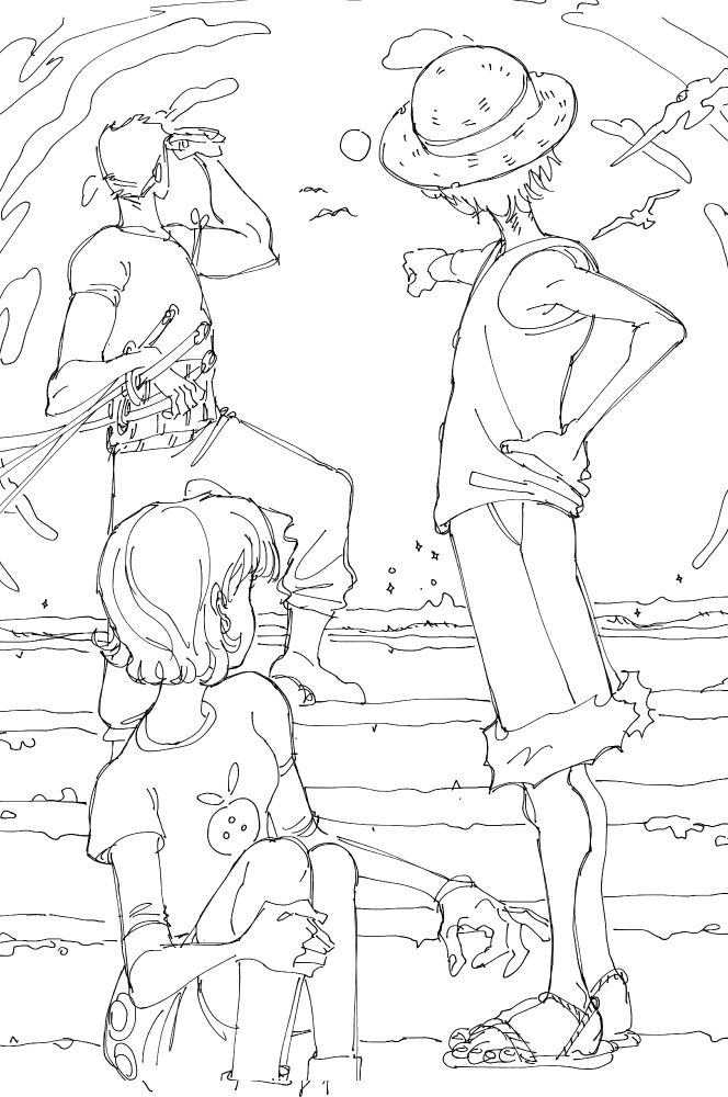 Sketchy black & white fanart of Nami, Zoro, and Luffy from One Piece. They are depicted from behind standing or sitting at different heights on a set of worn stairs leading to a view of the horizon with the beach and seabirds against a stylised sunny sky.