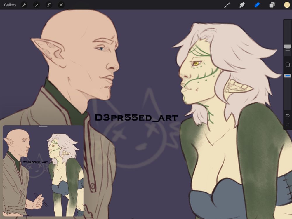 The sketch from before of Solas and Adelaide looking loving at each other, now has mostly clean line art and some base colours are starting to get put on. 