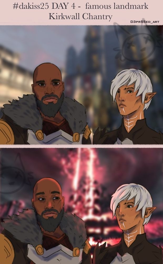 These are the first two panels of a comic. The title says
"Dakiss25 DAY 4 - famous landmark 
Kirkwall chantry"

The first panel shows Nesim Hawke and Fenris stood side by side, looking straight ahead with the chantry behind them.

Second panel the chantry explodes behind them, and they share a sideways glance, Nesim looking more suprised while Fenris I more unfazed.